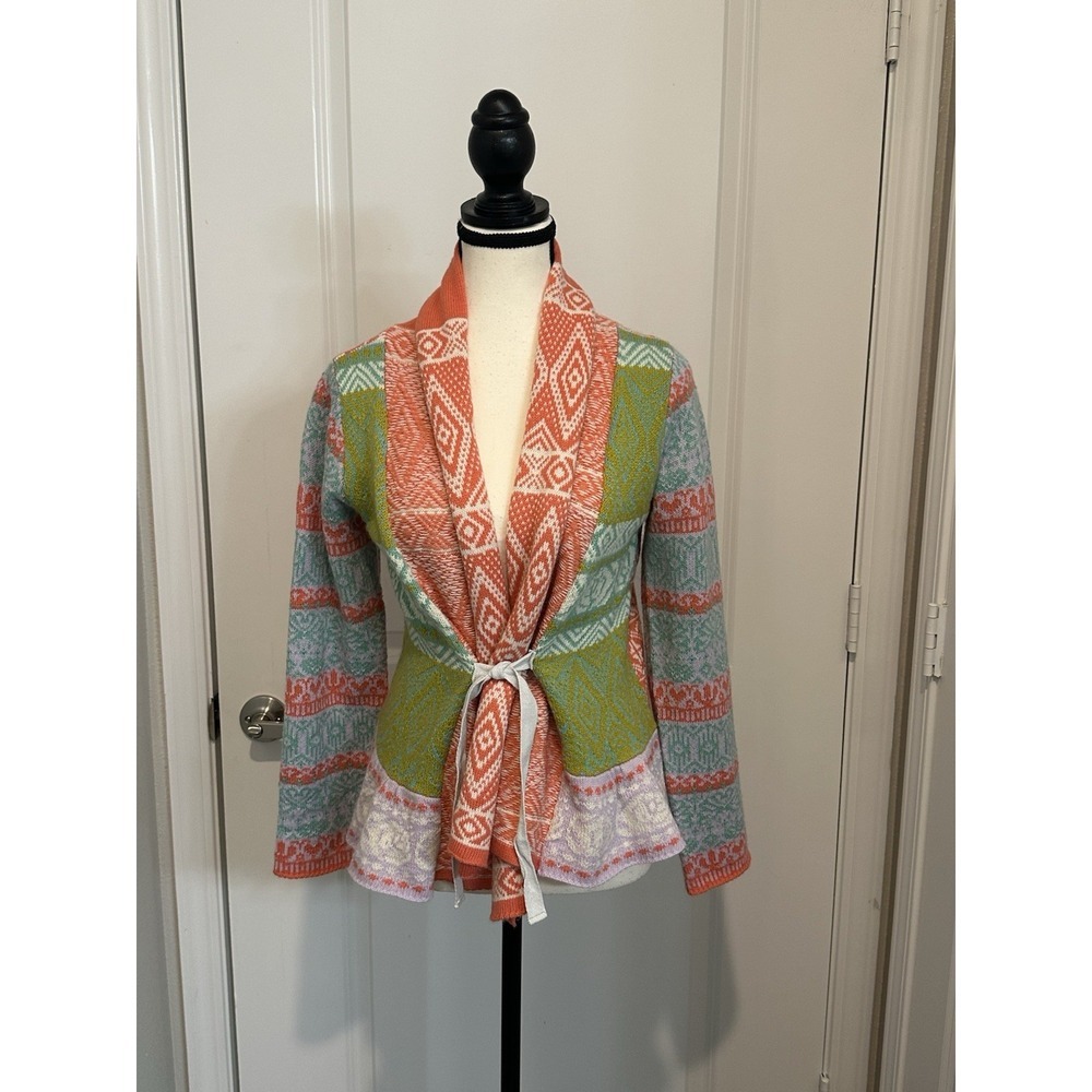Sundance Storyline Fair Isle Colorful Cardigan Sweater XS Wool Blend Tie Waist